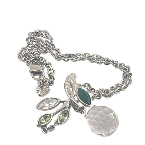 Swarovski Silver Tone Leaf & Crystal Charm Necklace 16" Chain Elegant Design - Picture 1 of 7